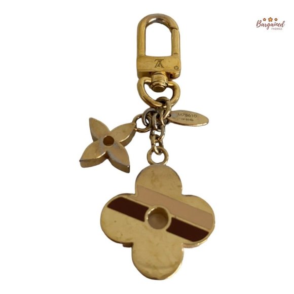 Authentic LOUIS VUITTON Gold Stripes Monogram Flowers Keyring Bag Charm M78610 - Picture 1 of 12